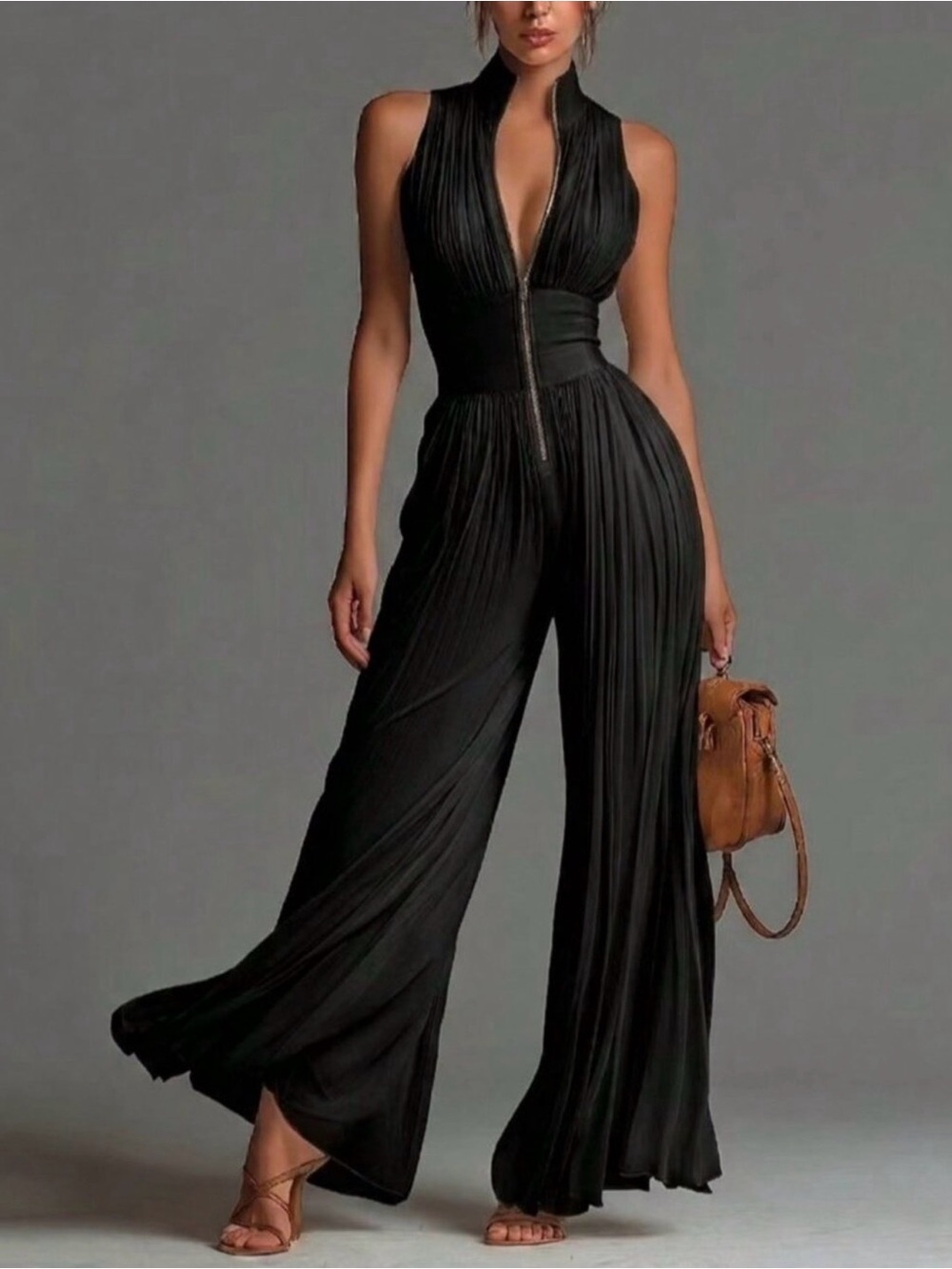 Black Elegant Women's Palazzo
Jumpsuit High Neck Pleated Wide
Leg